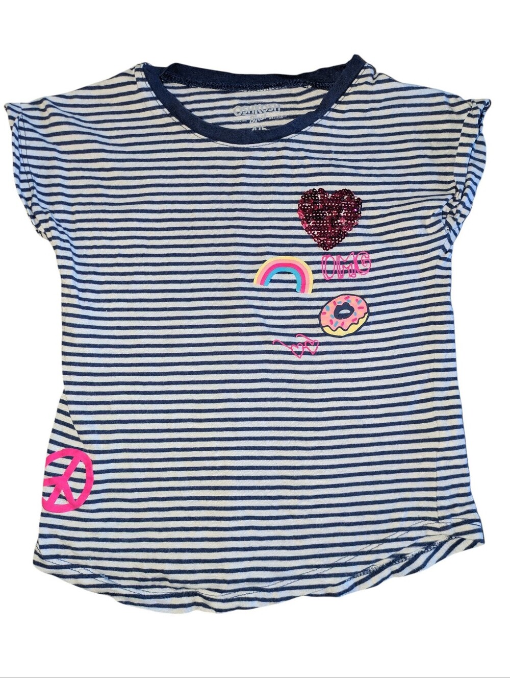 🌞4/20$ Navy & White Striped Tee with Sequin Heart and Bright Patches